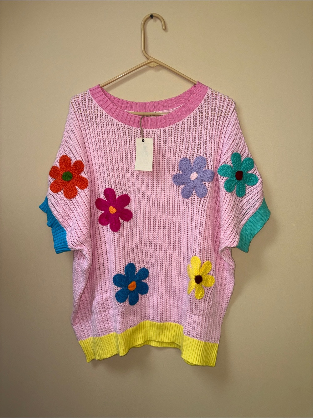 easel Pink Knit Sweater with Multicolor Floral Appliqués